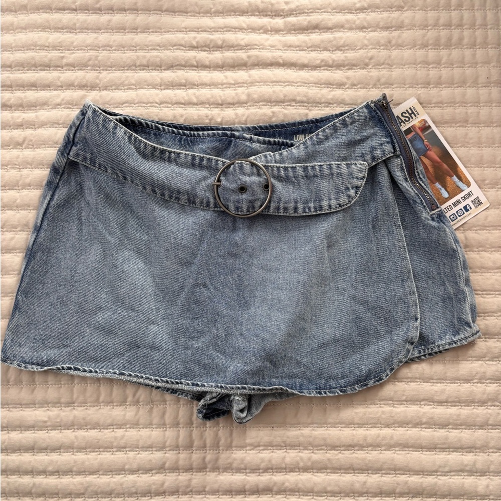 Light Wash Denim Skort with Belted Ring Detail